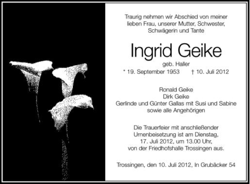  Traueranzeige für Ingrid Geike vom 13.07.2012 aus Schwäbische Zeitung