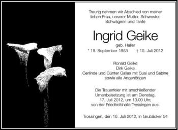 Anzeige von Ingrid Geike von Schwäbische Zeitung
