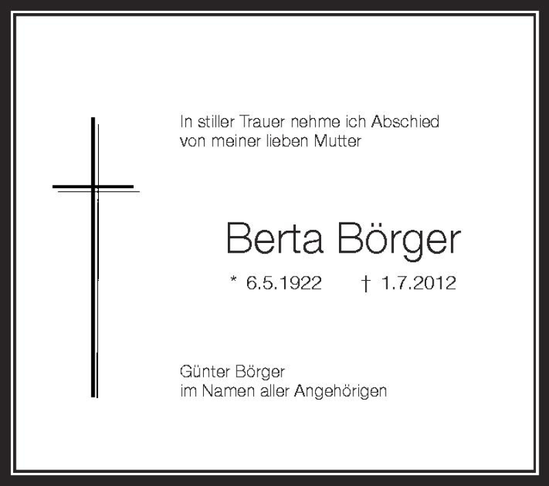 Traueranzeige für Berta Börger vom 04.07.2012 aus Schwäbische Zeitung