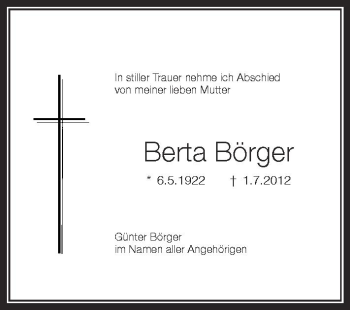 Anzeige von Berta Börger von Schwäbische Zeitung