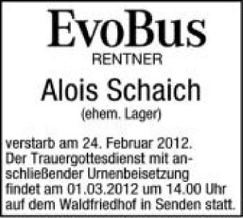 Anzeige von Alois Schaich von Schwäbische Zeitung