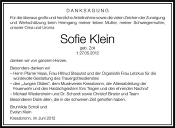 Anzeige von Sofie Klein von Schwäbische Zeitung