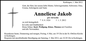 Anzeige von Anneliese Jakob von Schwäbische Zeitung