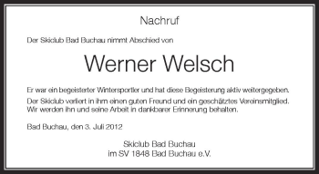 Anzeige von Werner Welsch von Schwäbische Zeitung