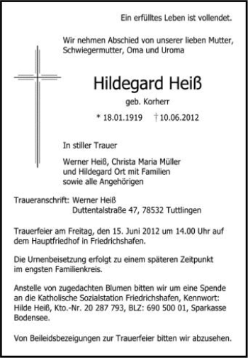 Anzeige von Hildegard Heiß von Schwäbische Zeitung