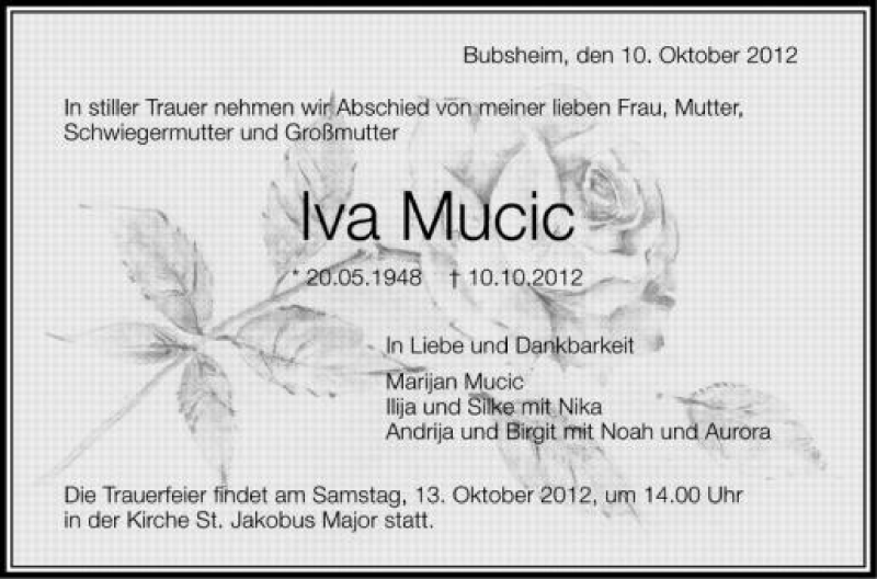  Traueranzeige für Iva Mucic vom 12.10.2012 aus Schwäbische Zeitung
