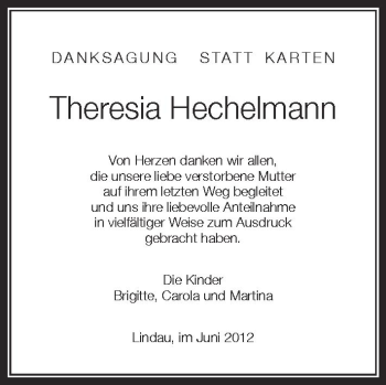Anzeige von Theresia Hechelmann von Schwäbische Zeitung