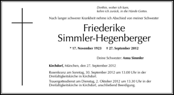 Anzeige von Friederike Simmler-Hegenberger von Schwäbische Zeitung