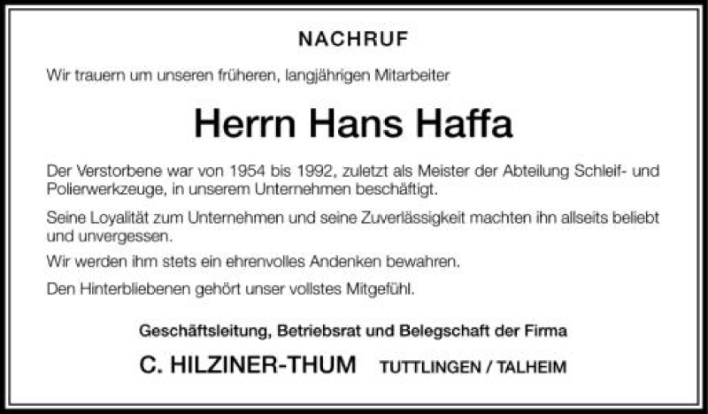  Traueranzeige für Hans Haffa vom 27.07.2012 aus Schwäbische Zeitung