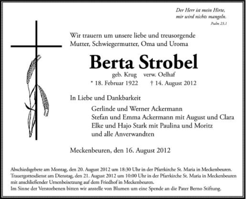  Traueranzeige für Berta Strobel vom 18.08.2012 aus Schwäbische Zeitung
