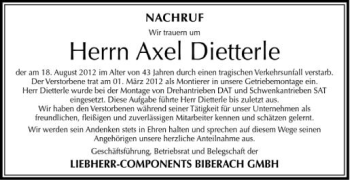 Anzeige von Axel Dietterle von Schwäbische Zeitung