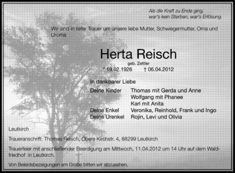  Traueranzeige für Herta Reisch vom 10.04.2012 aus Schwäbische Zeitung