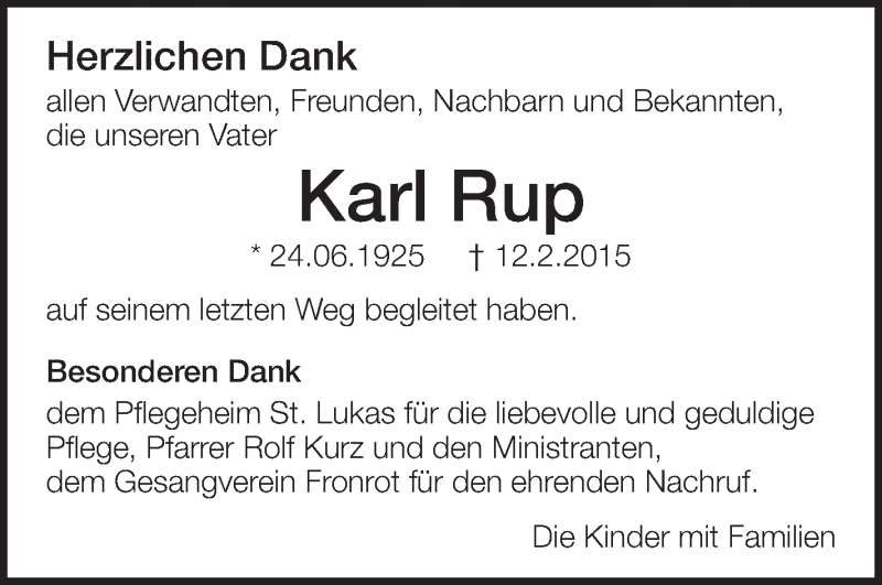  Traueranzeige für Karl Rup vom 20.03.2015 aus Schwäbische Zeitung