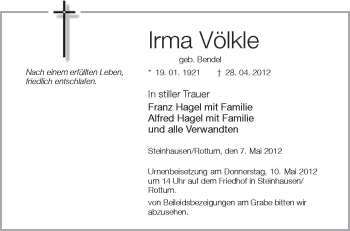Anzeige von Irma Völkle von Schwäbische Zeitung