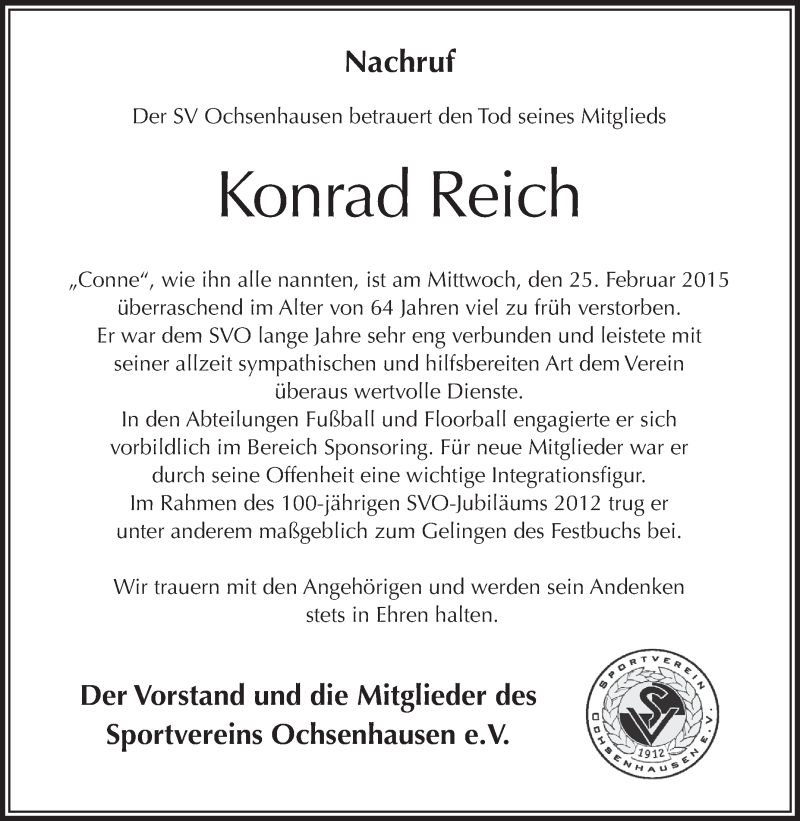  Traueranzeige für Konrad Reich vom 04.03.2015 aus Schwäbische Zeitung
