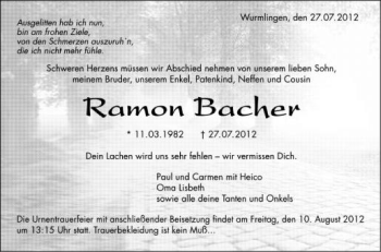 Anzeige von Ramon Bacher von Schwäbische Zeitung