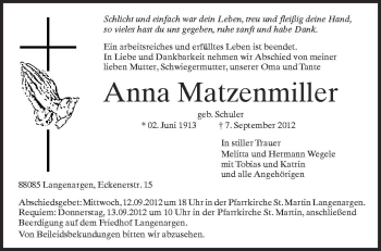 Anzeige von Anna Matzenmiller von Schwäbische Zeitung