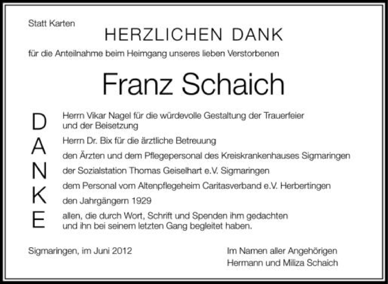  Traueranzeige für Franz Schaich vom 16.06.2012 aus Schwäbische Zeitung