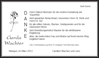 Anzeige von Gerda Wachter von Schwäbische Zeitung
