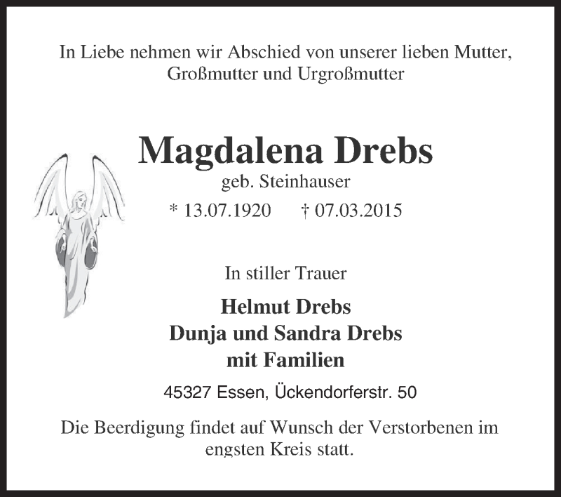  Traueranzeige für Magdalena Drebs vom 18.03.2015 aus Schwäbische Zeitung