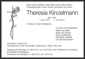 Anzeige von Theresia Kinzelmann von Schwäbische Zeitung