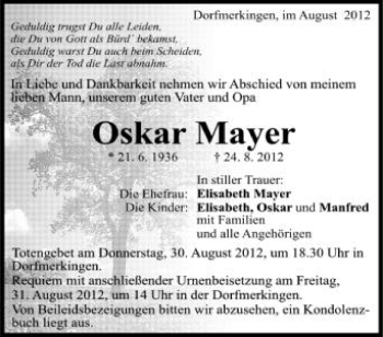 Anzeige von Oskar Mayer von Schwäbische Zeitung