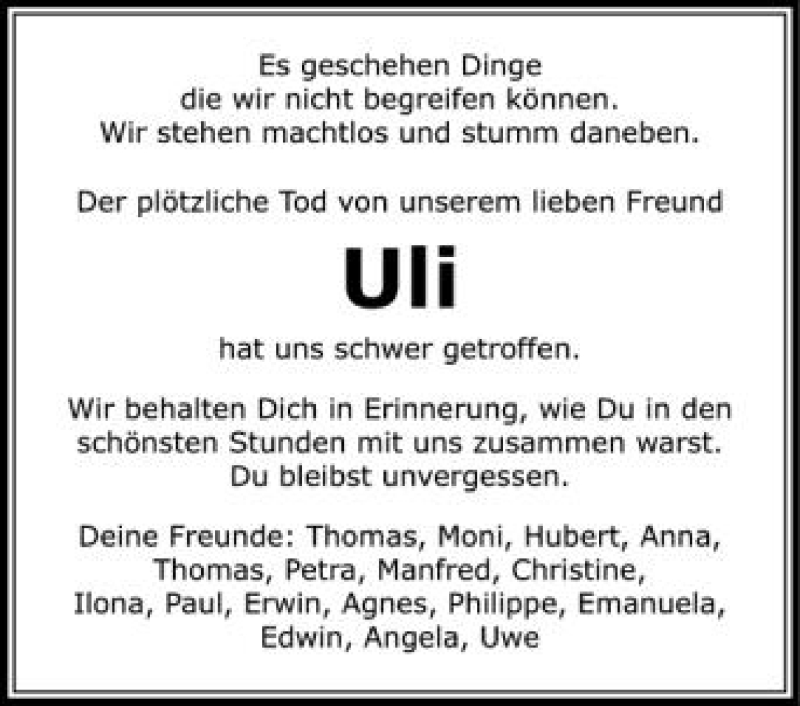  Traueranzeige für Uli  vom 13.06.2012 aus Schwäbische Zeitung