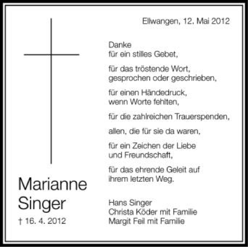  Traueranzeige für Marianne Singer vom 12.05.2012 aus Schwäbische Zeitung