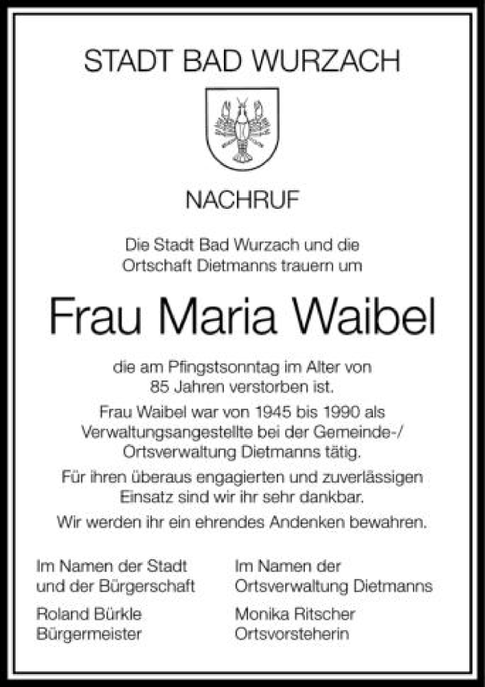  Traueranzeige für Maria Waibel vom 06.06.2012 aus Schwäbische Zeitung