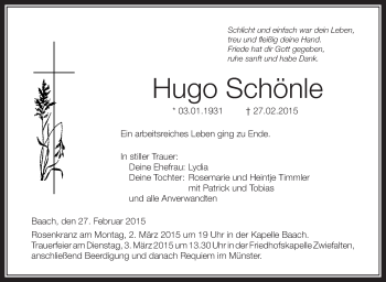 Anzeige von Hugo Schönle von Schwäbische Zeitung