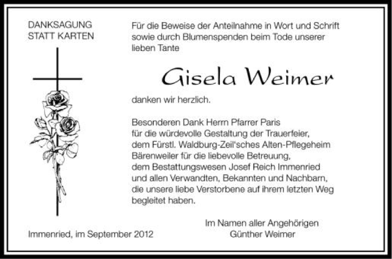  Traueranzeige für Gisela Weimer vom 15.09.2012 aus Schwäbische Zeitung