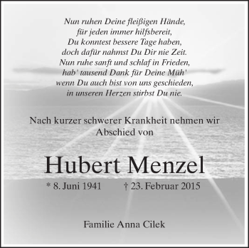 Anzeige von Hubert Menzel von Schwäbische Zeitung