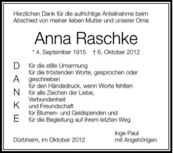 Anzeige von Anna Raschke von Schwäbische Zeitung