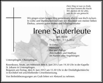 Anzeige von Irene Sauterleute von Schwäbische Zeitung