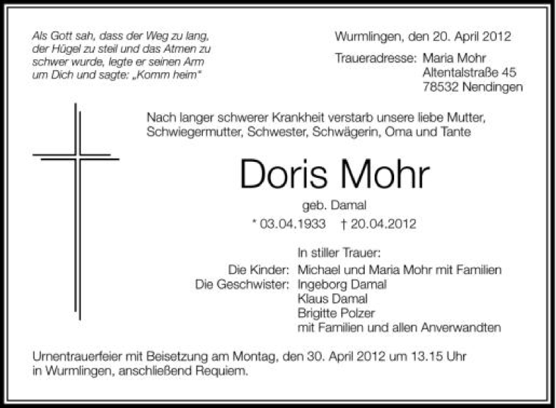  Traueranzeige für Doris Mohr vom 25.04.2012 aus Schwäbische Zeitung