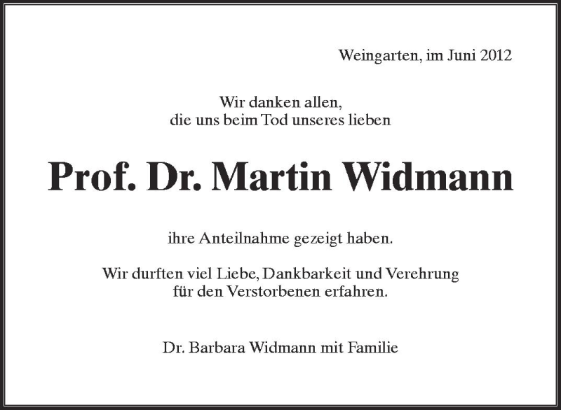  Traueranzeige für Martin Widmann vom 09.06.2012 aus Schwäbische Zeitung
