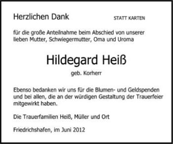 Anzeige von Hildegard Heiß von Schwäbische Zeitung
