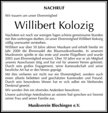Anzeige von Willibert Kolozig von Schwäbische Zeitung