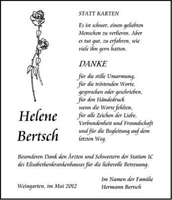 Anzeige von Helene Bertsch von Schwäbische Zeitung