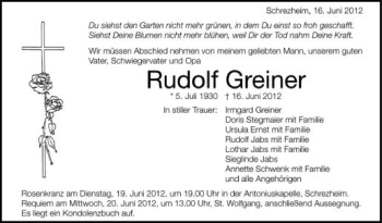 Anzeige von Rudolf Greiner von Schwäbische Zeitung