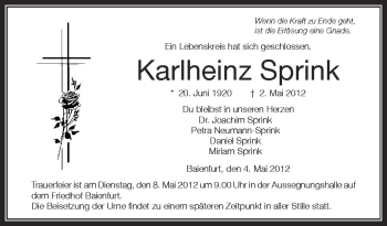 Anzeige von Karlheinz Sprink von Schwäbische Zeitung