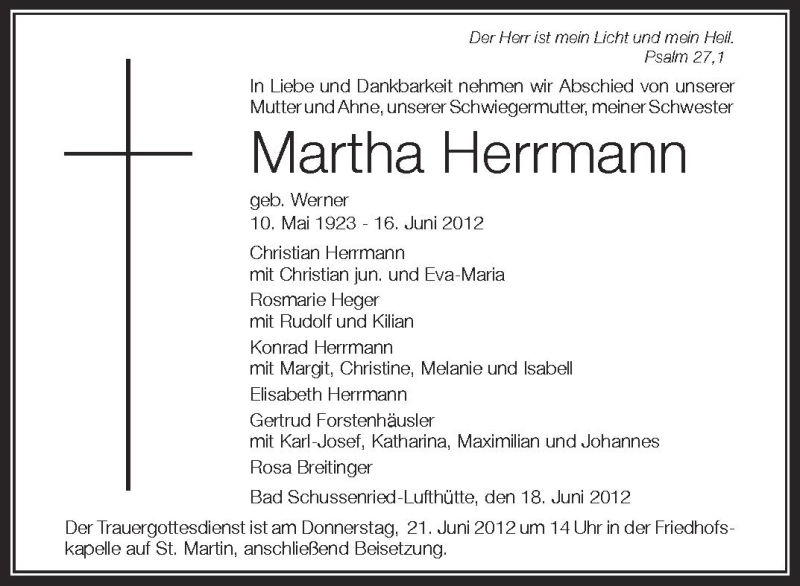  Traueranzeige für Martha Herrmann vom 19.06.2012 aus Schwäbische Zeitung