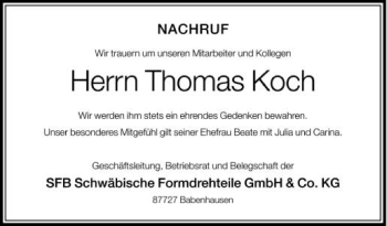 Anzeige von Thomas Koch von Schwäbische Zeitung