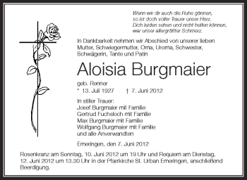 Anzeige von Aloisia Burgmaier von Schwäbische Zeitung