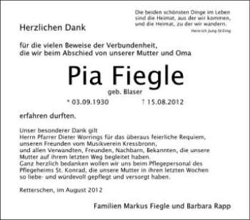 Anzeige von Pia Fiegle von Schwäbische Zeitung