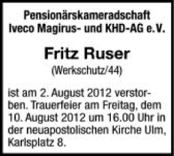 Anzeige von Fritz Ruser von Schwäbische Zeitung