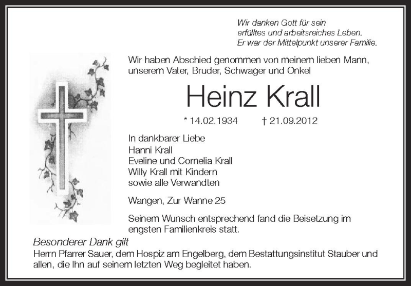  Traueranzeige für Heinz Krall vom 27.09.2012 aus Schwäbische Zeitung