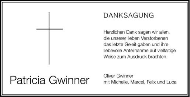  Traueranzeige für Patricia Gwinner vom 12.05.2012 aus Schwäbische Zeitung