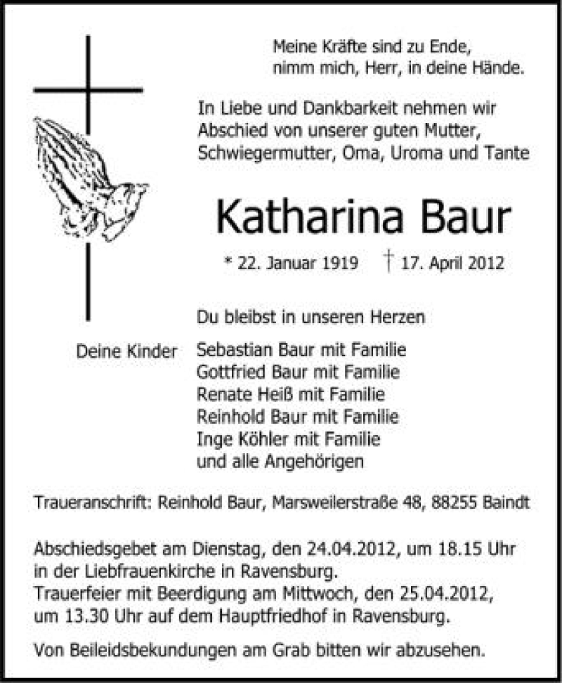  Traueranzeige für Katharina Baur vom 21.04.2012 aus Schwäbische Zeitung