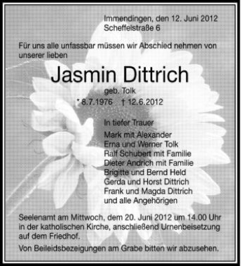 Anzeige von Jasmin Dittrich von Schwäbische Zeitung